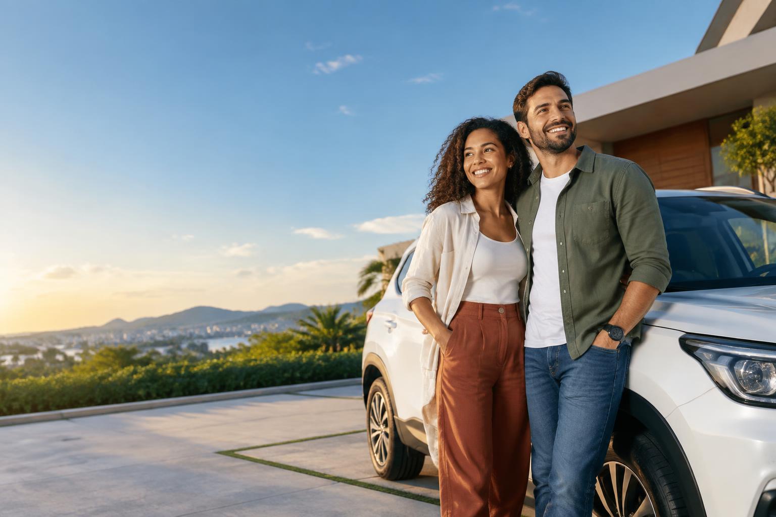 Casal em frente à sua casa e seu carro